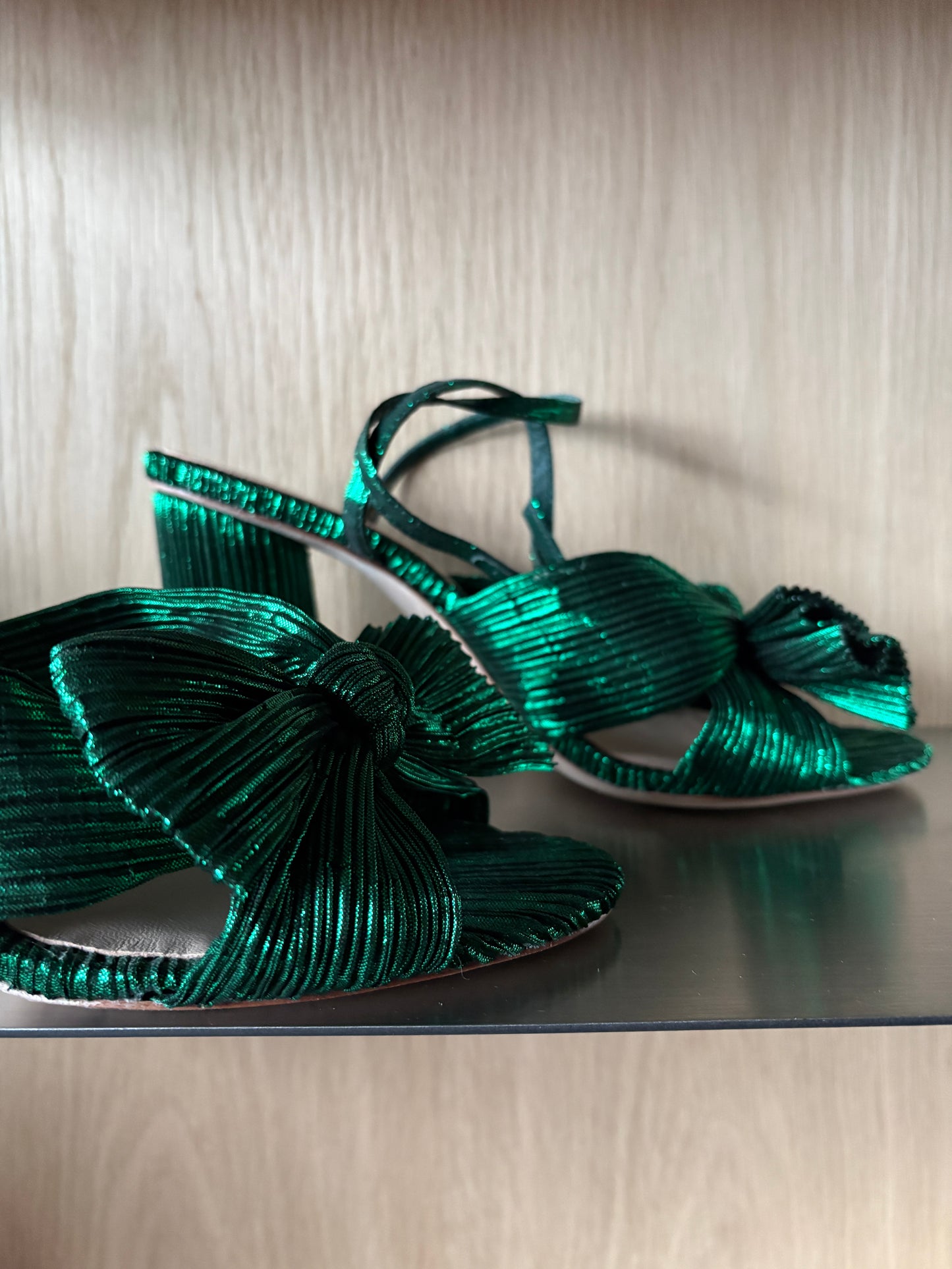 Loeffler Randall Metallic Camellia Bow-Embellished Emerald Sandals