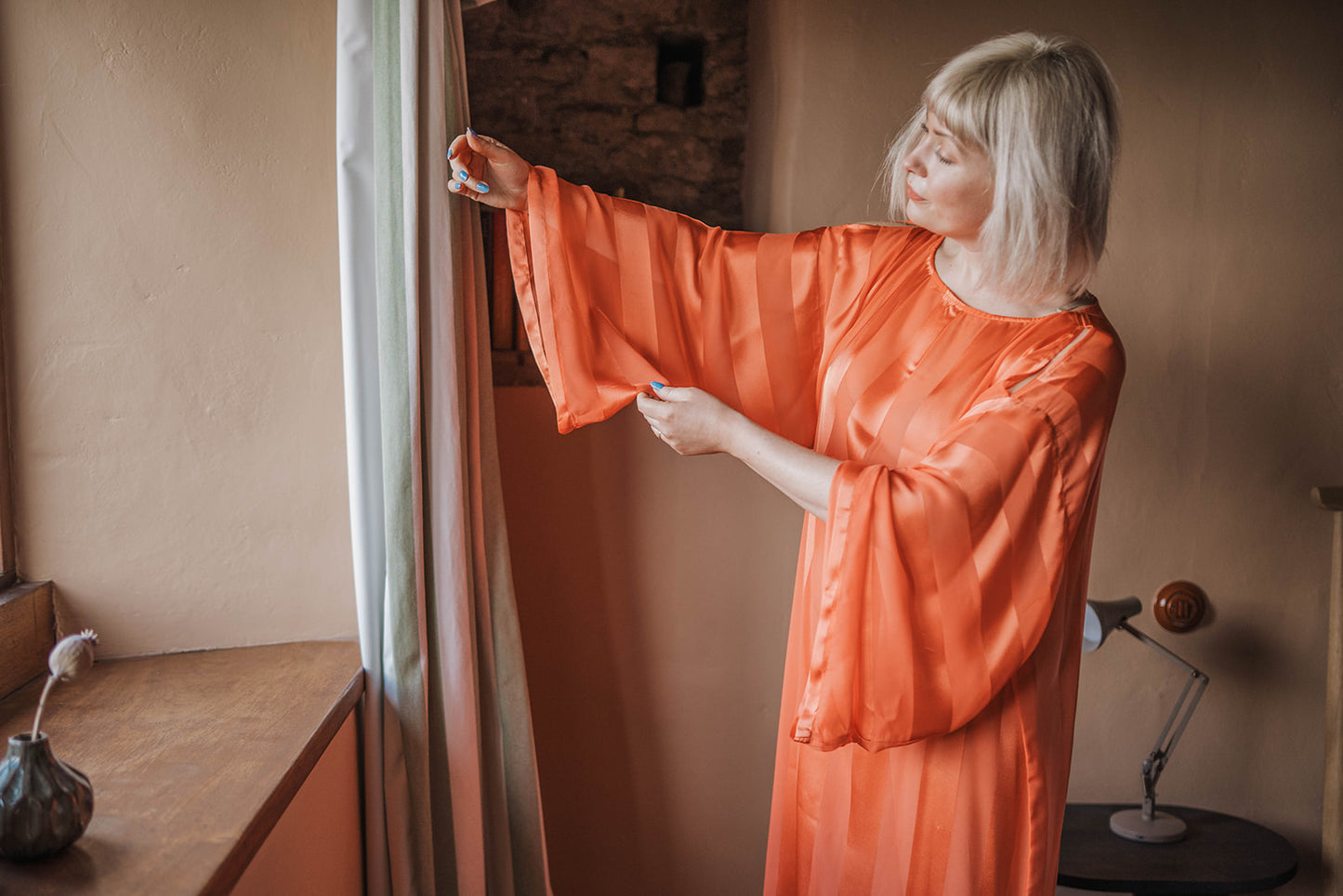 Anthropologie Orange Stripe Silk Kaftan worn on model