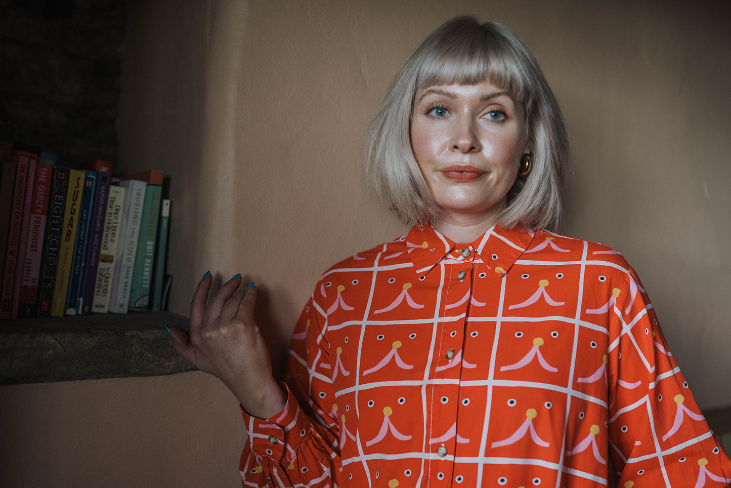 Bobo Choses Red Cat Shirt Dress worn on model headshot