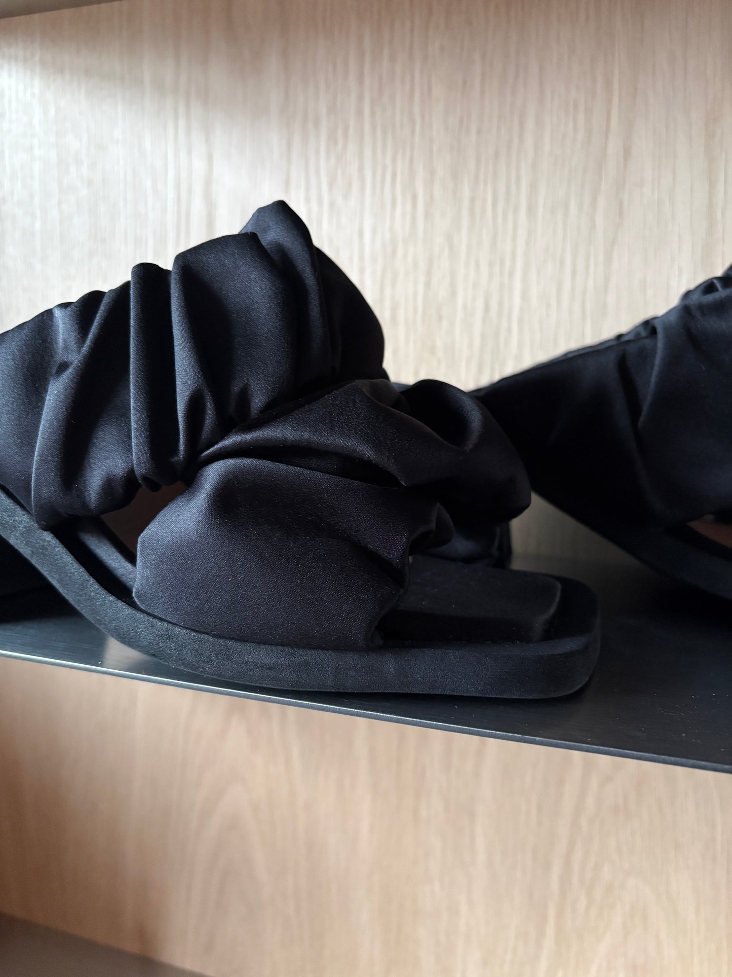 Ganni Black Satin Ruched Mules