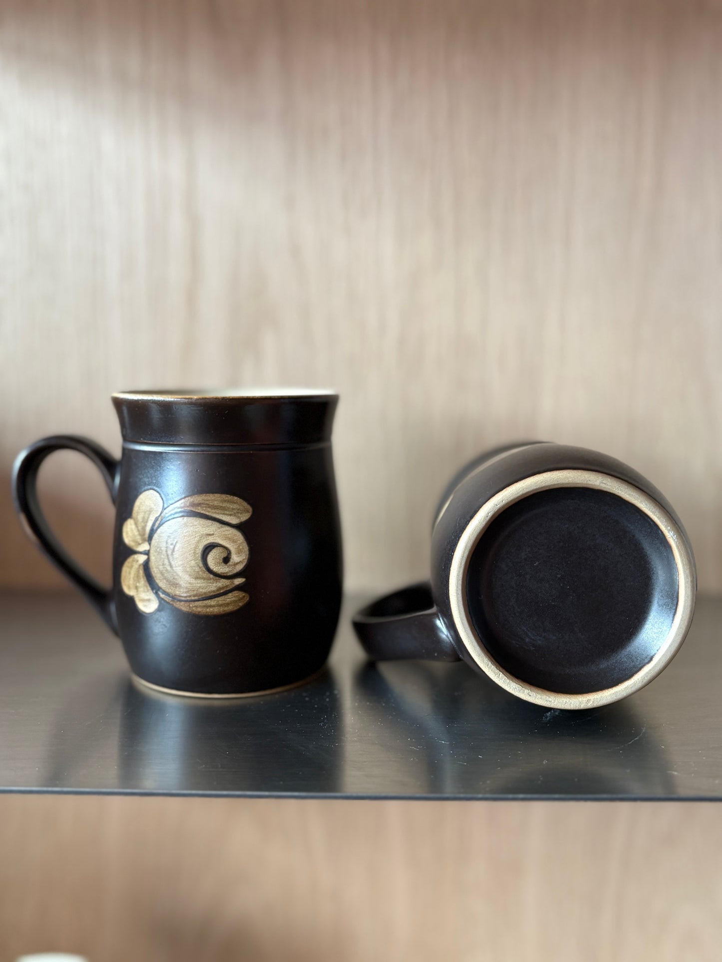 Vintage Handmade Stoneware Black Floral Coffee Mugs - Set of 2