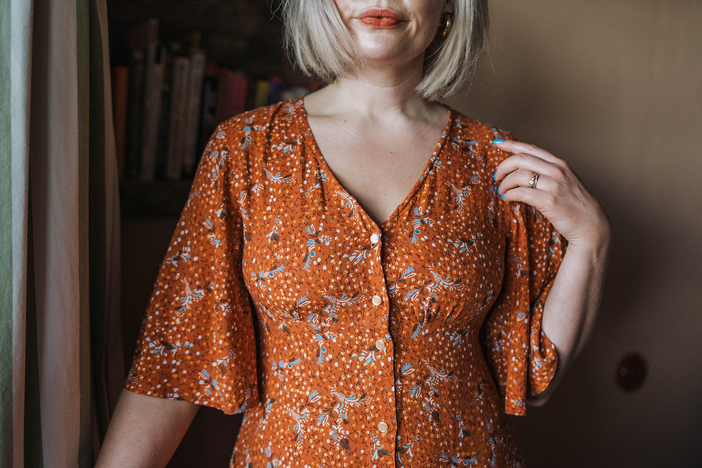 Off-On Clothing 70s Rust Angel Sleeve Dress worn on model