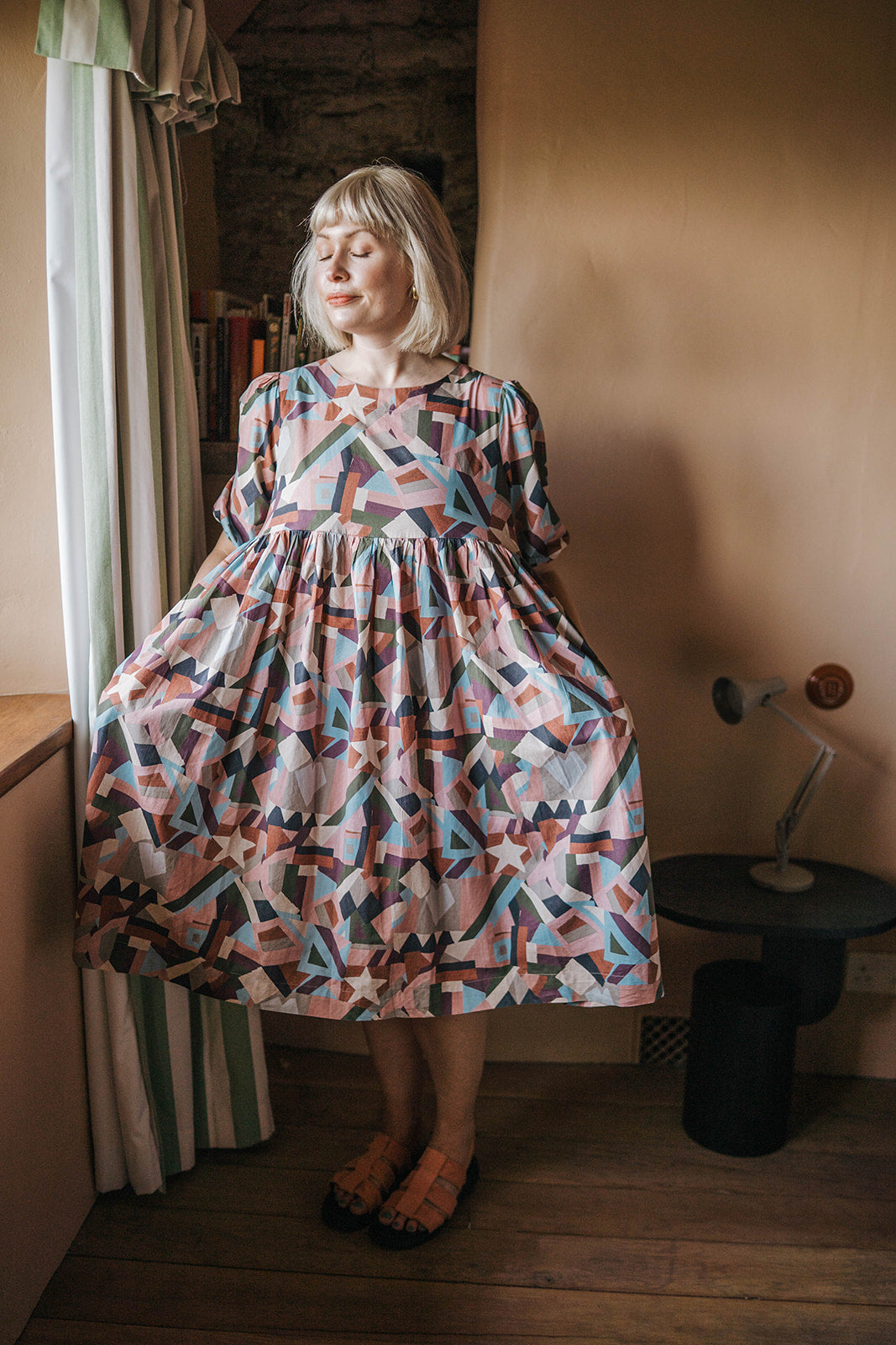 Off-On Clothing Pastel Print Puff-Sleeve Dress worn on model