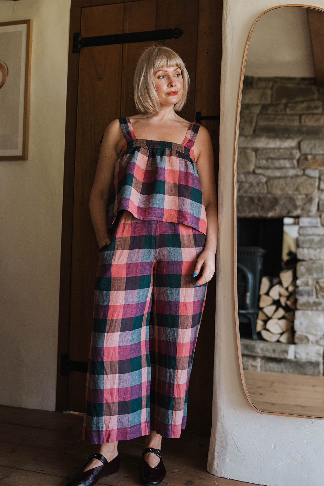 Off-On Clothing Pink Block Check Trouser/Top Co-Ord worn on model full-length shot