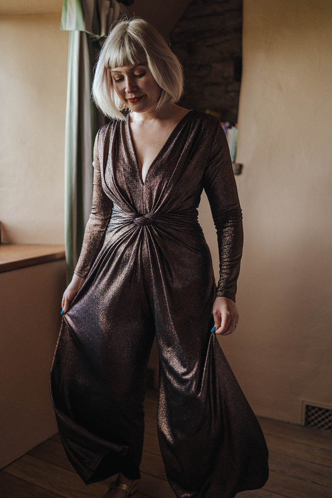 Onjenu Bronze Glitter Wide Leg Jumpsuit worn on model