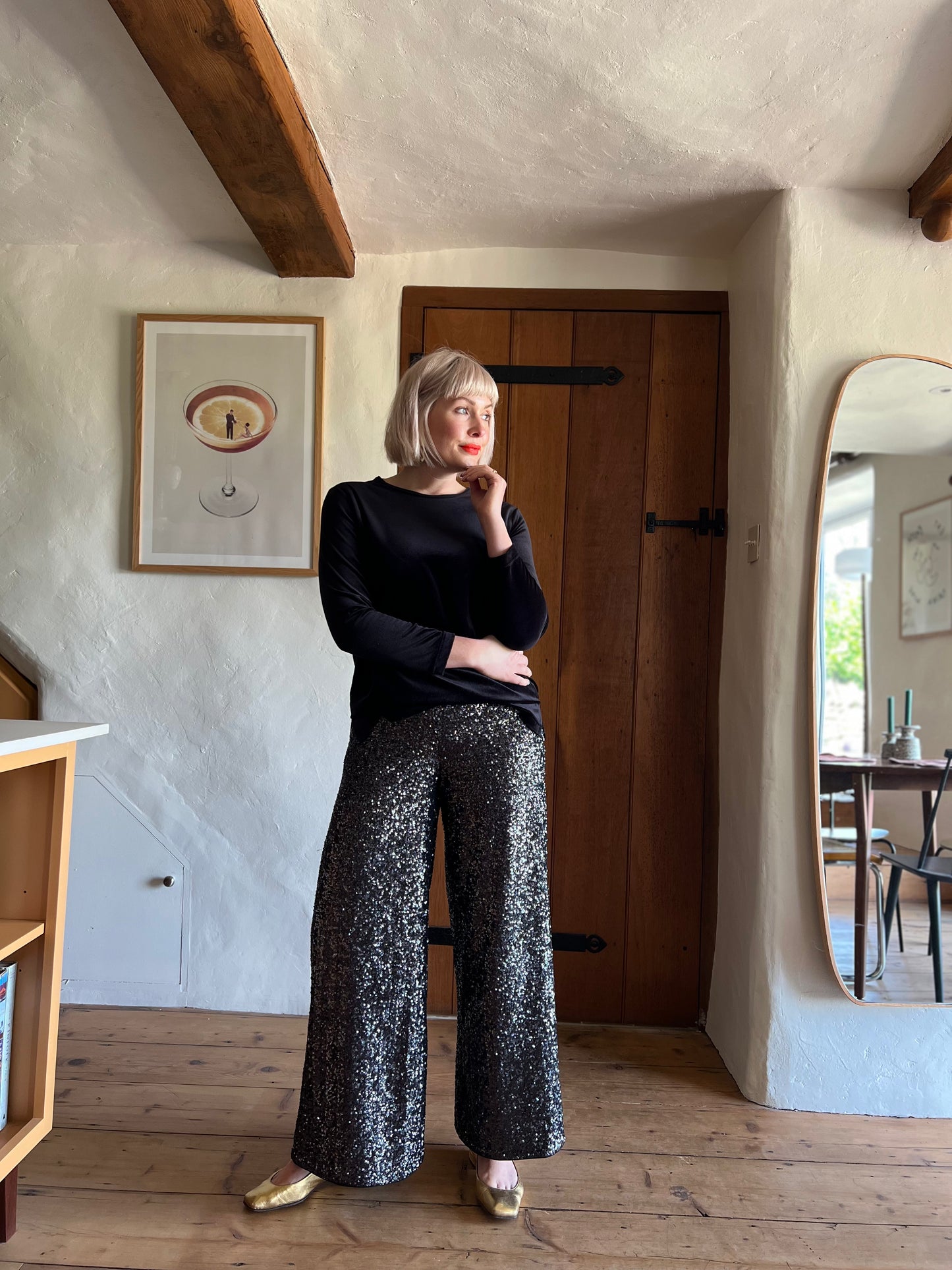 & Other Stories Black Sequin High-Waisted Trousers worn on model