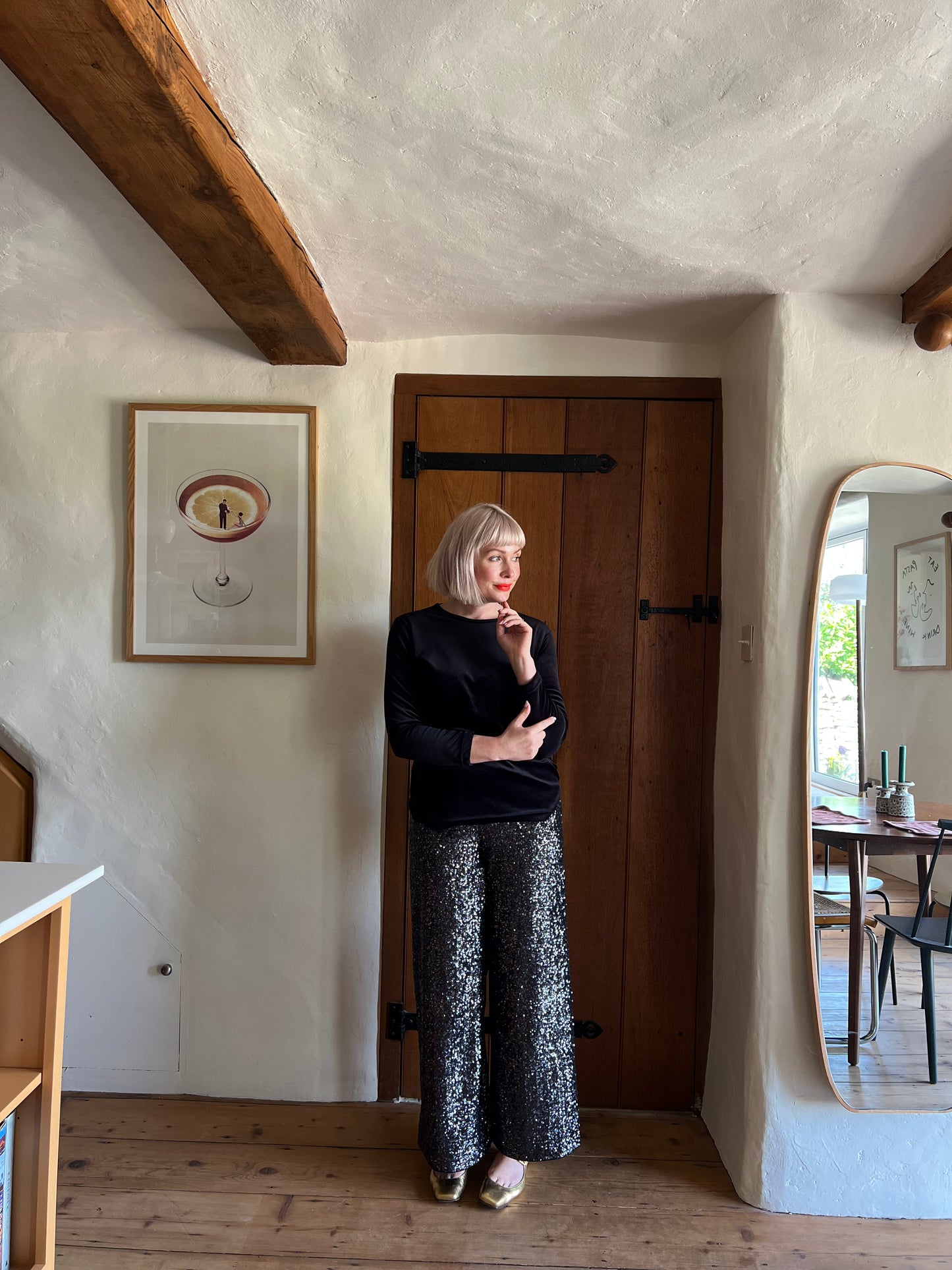 & Other Stories Black Sequin High-Waisted Trousers worn on model