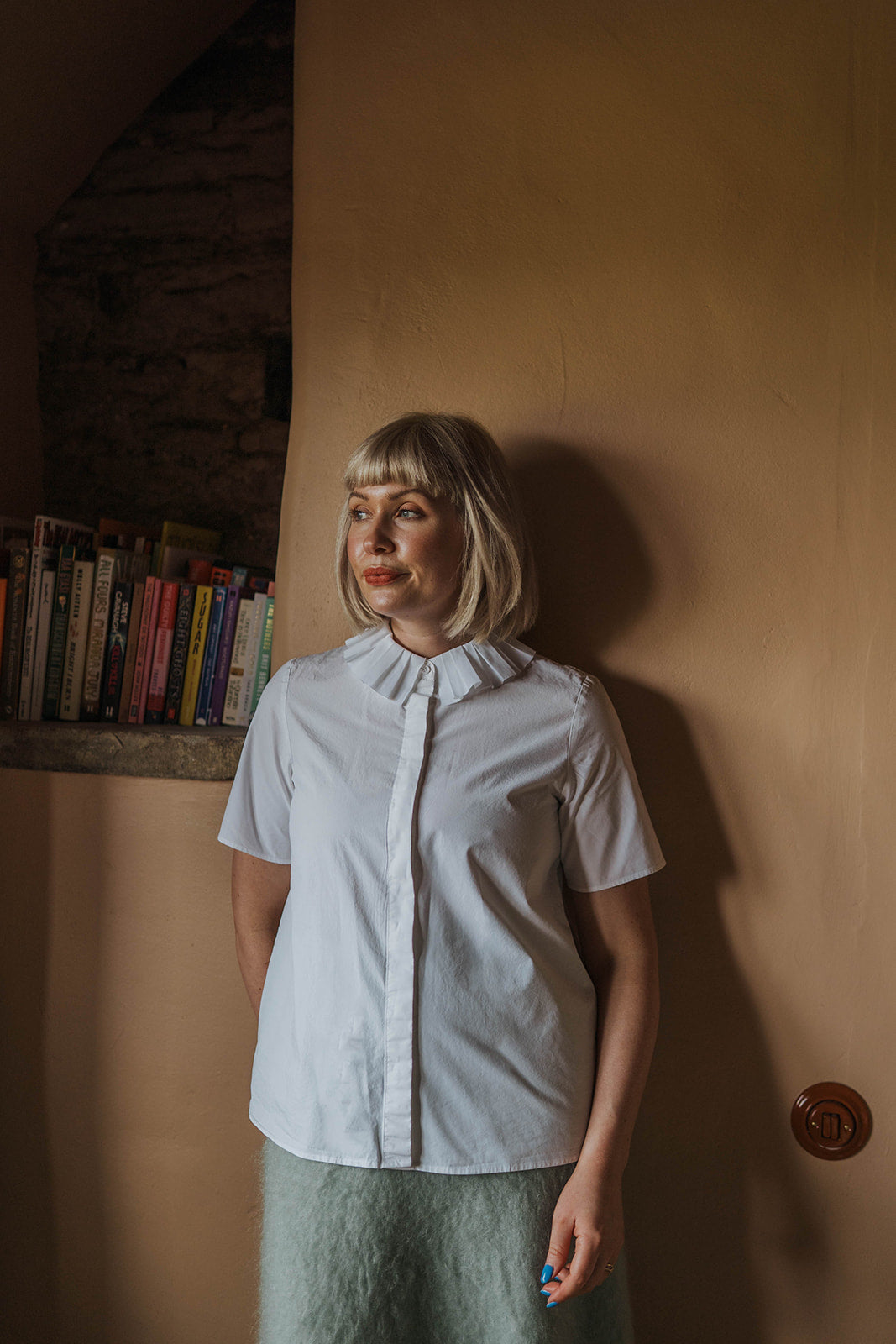 & Other Stories Mint Green Mohair Midi Skirt worn on model