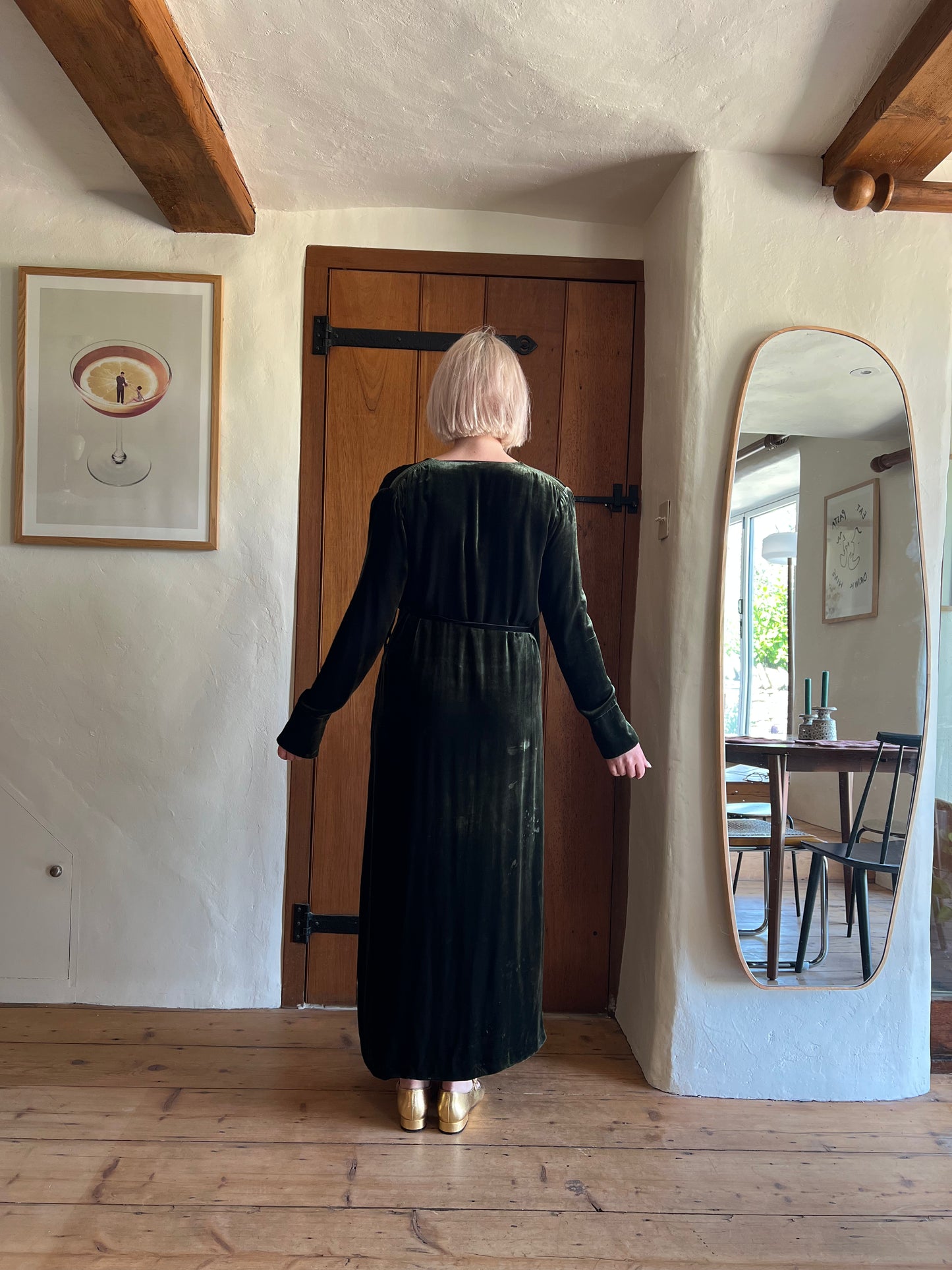 Toast Emerald Green Velvet Wrap Dress back view worn on model