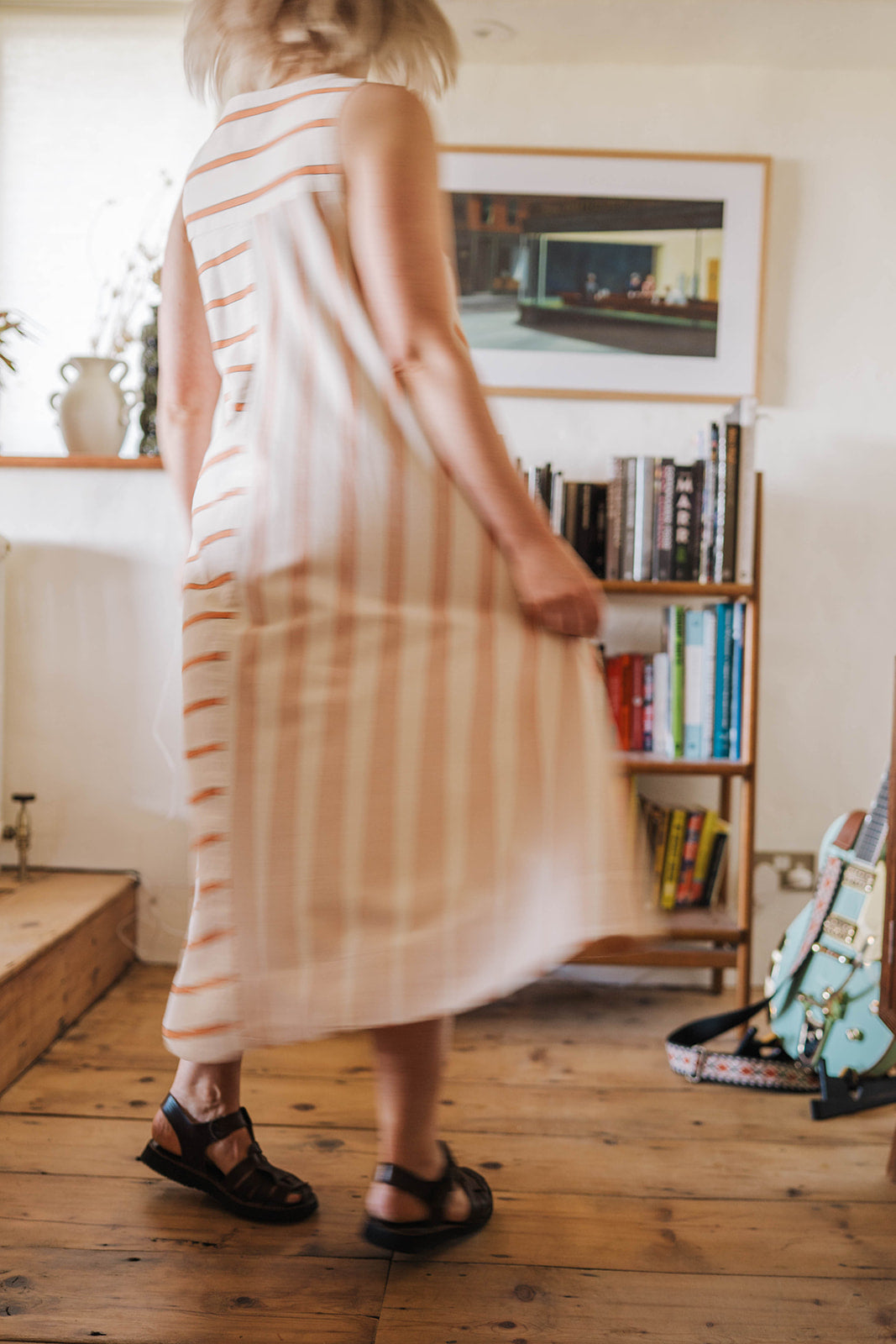 Toast Off-White Orange Stripe Sleeves Dress worn on model