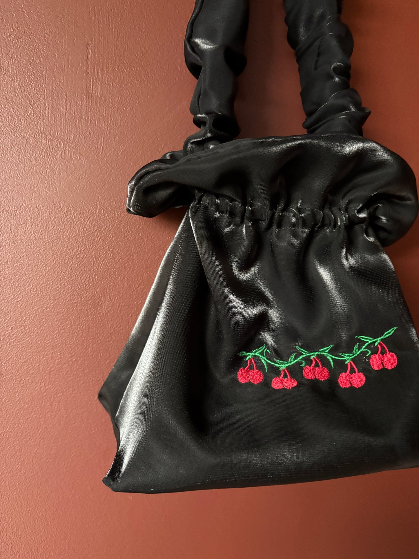 Y2k Vintage Black Embroidered Cherry Silk Wrist Bag