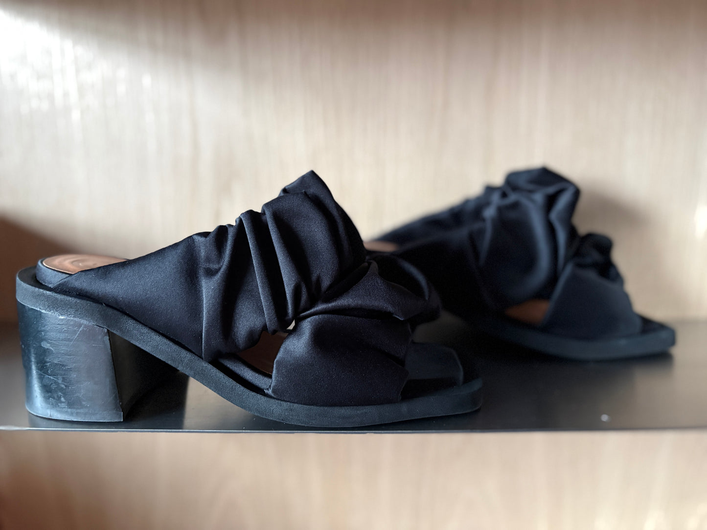 Ganni Black Satin Ruched Mules