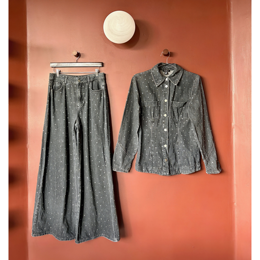 Aligne Grey Denim Diamanté Co-Ord Shirt Trouser Set
