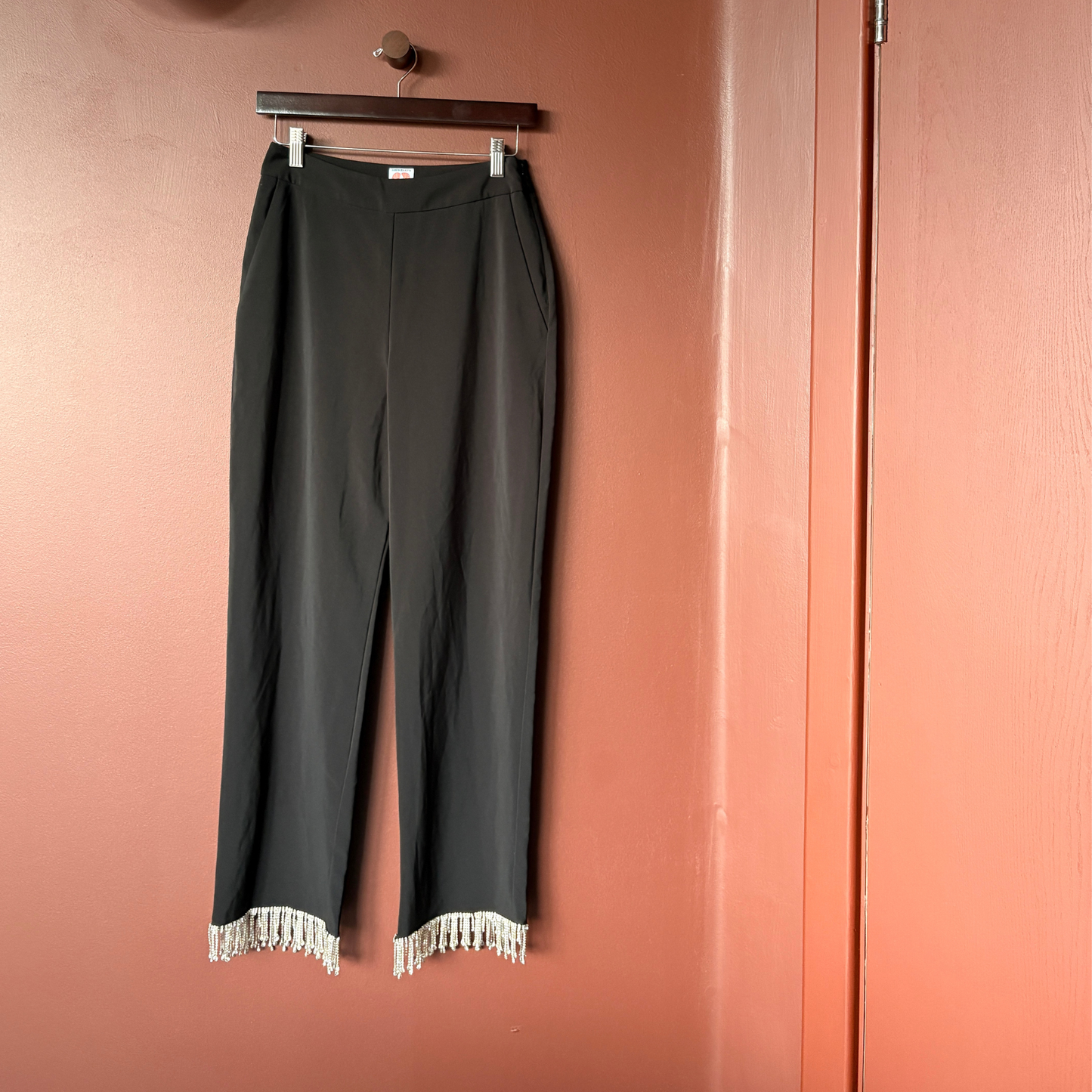 SHRIMPS Black Cropped Crystal Fringed Straight Leg Trousers