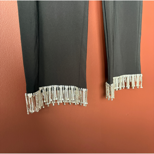 SHRIMPS Black Cropped Crystal Fringed Straight Leg Trousers