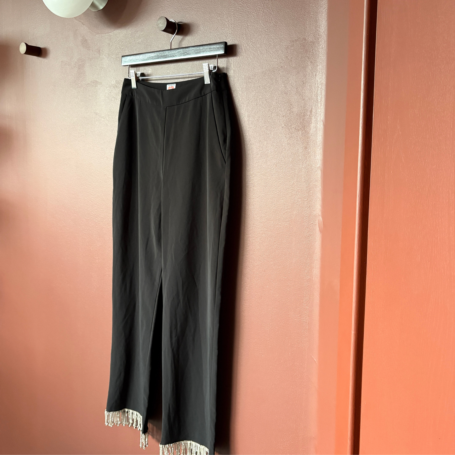 SHRIMPS Black Cropped Crystal Fringed Straight Leg Trousers