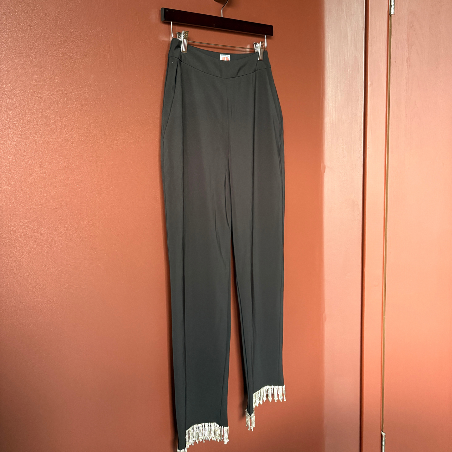 SHRIMPS Black Cropped Crystal Fringed Straight Leg Trousers