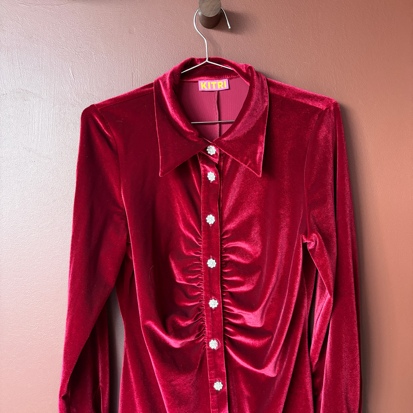 Kitri Rouge Velvet Shirt Dress