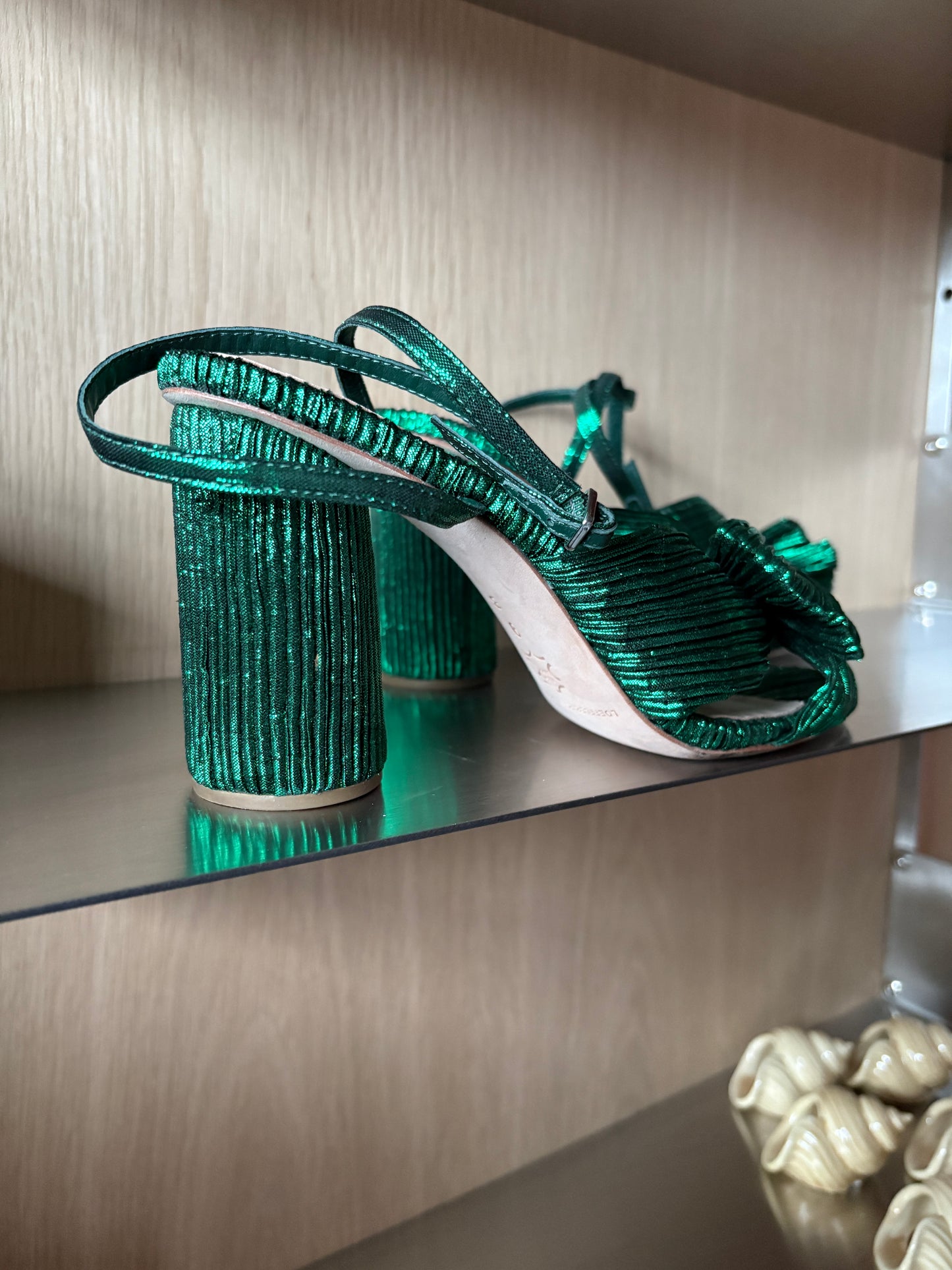 Loeffler Randall Metallic Camellia Bow-Embellished Emerald Sandals