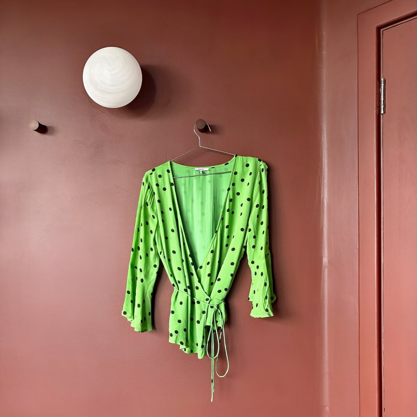 Ganni Green Polka Dot Wrap Blouse