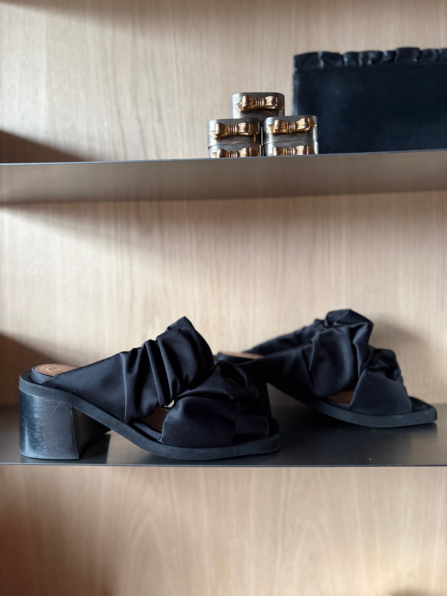 Ganni Black Satin Ruched Mules