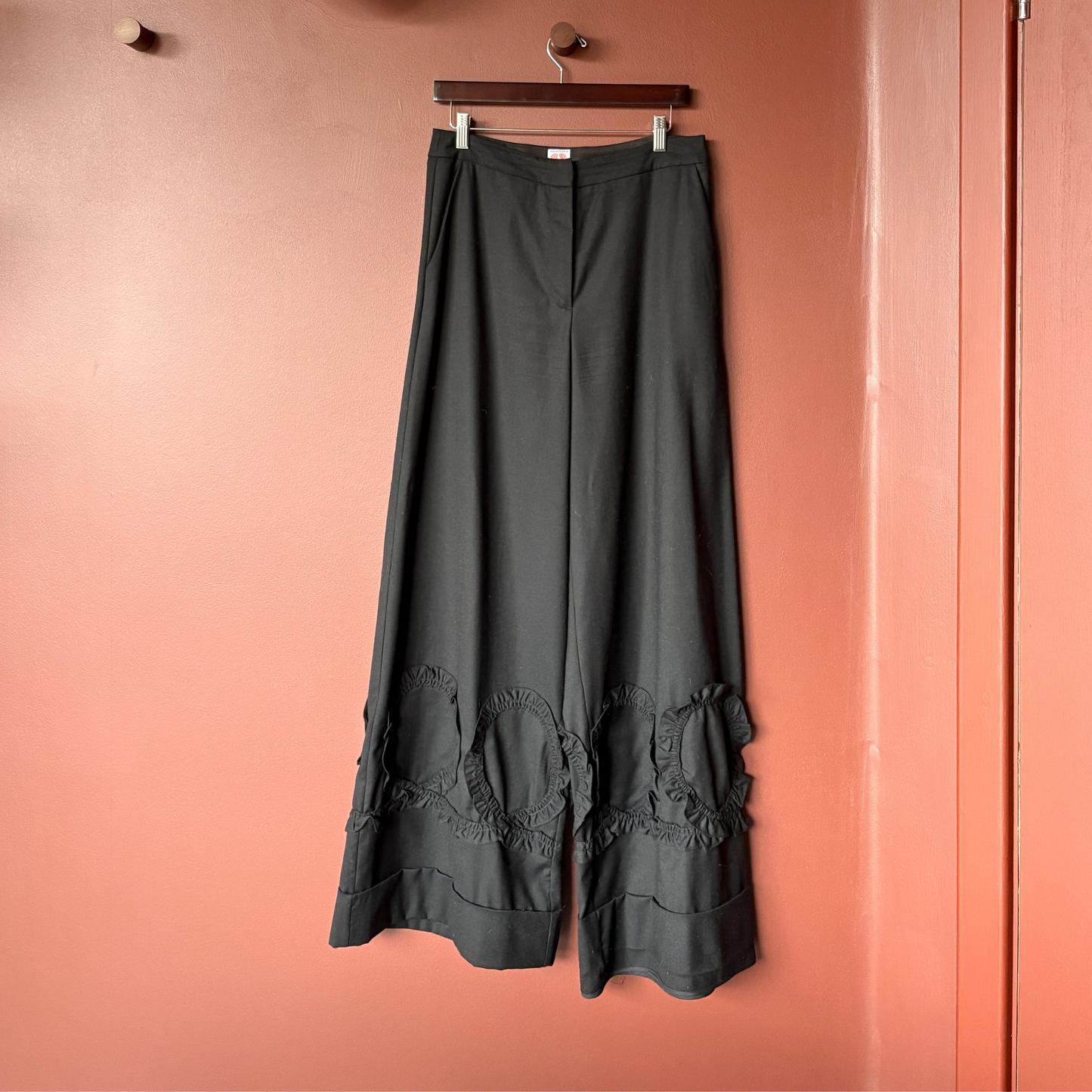 Shrimps Black Wool Frill Wide-Leg Trousers