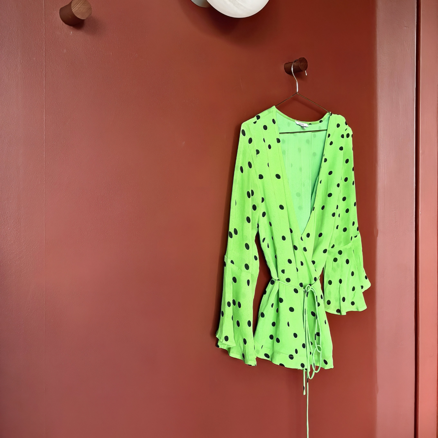 Ganni Green Polka Dot Wrap Blouse