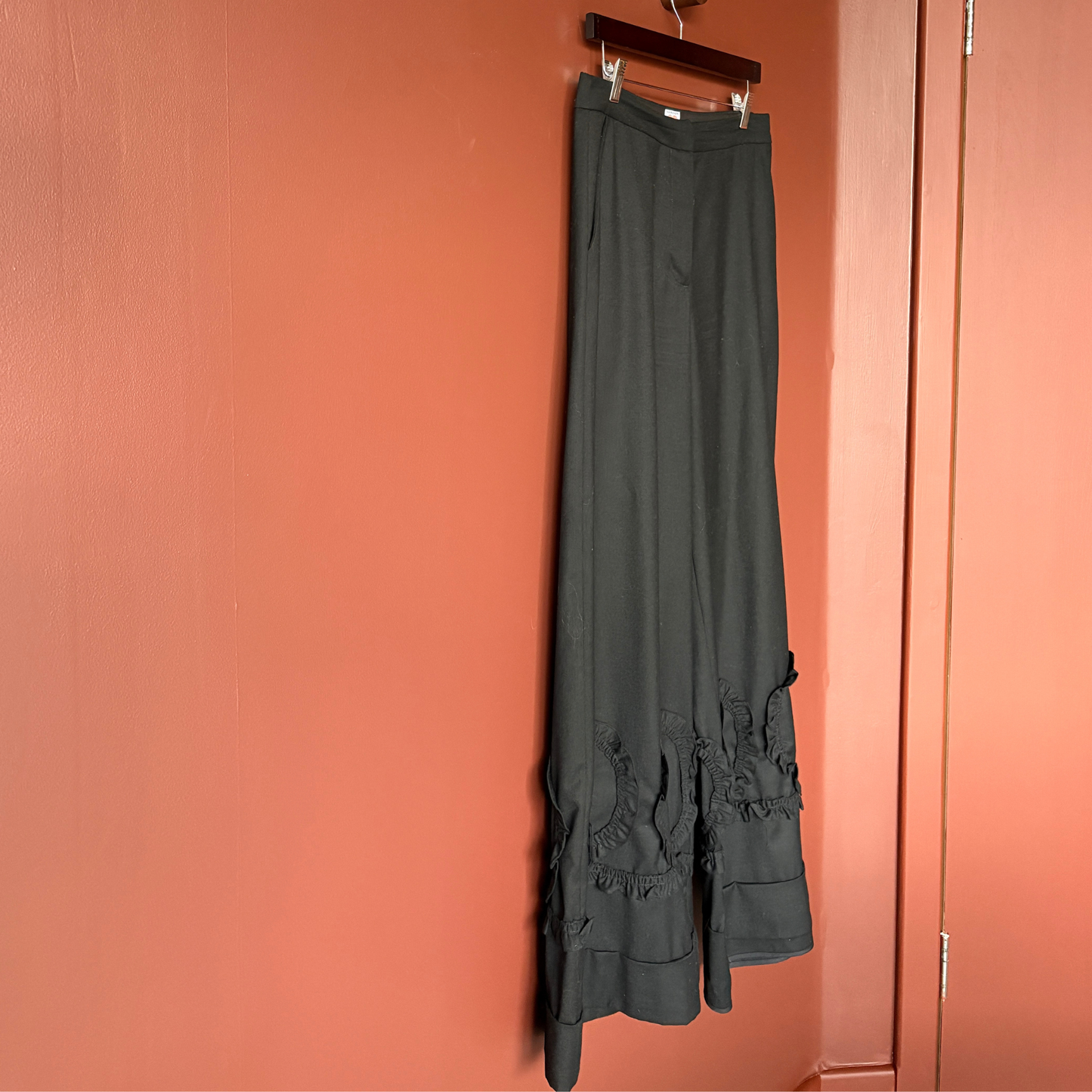 Shrimps Black Wool Frill Wide-Leg Trousers