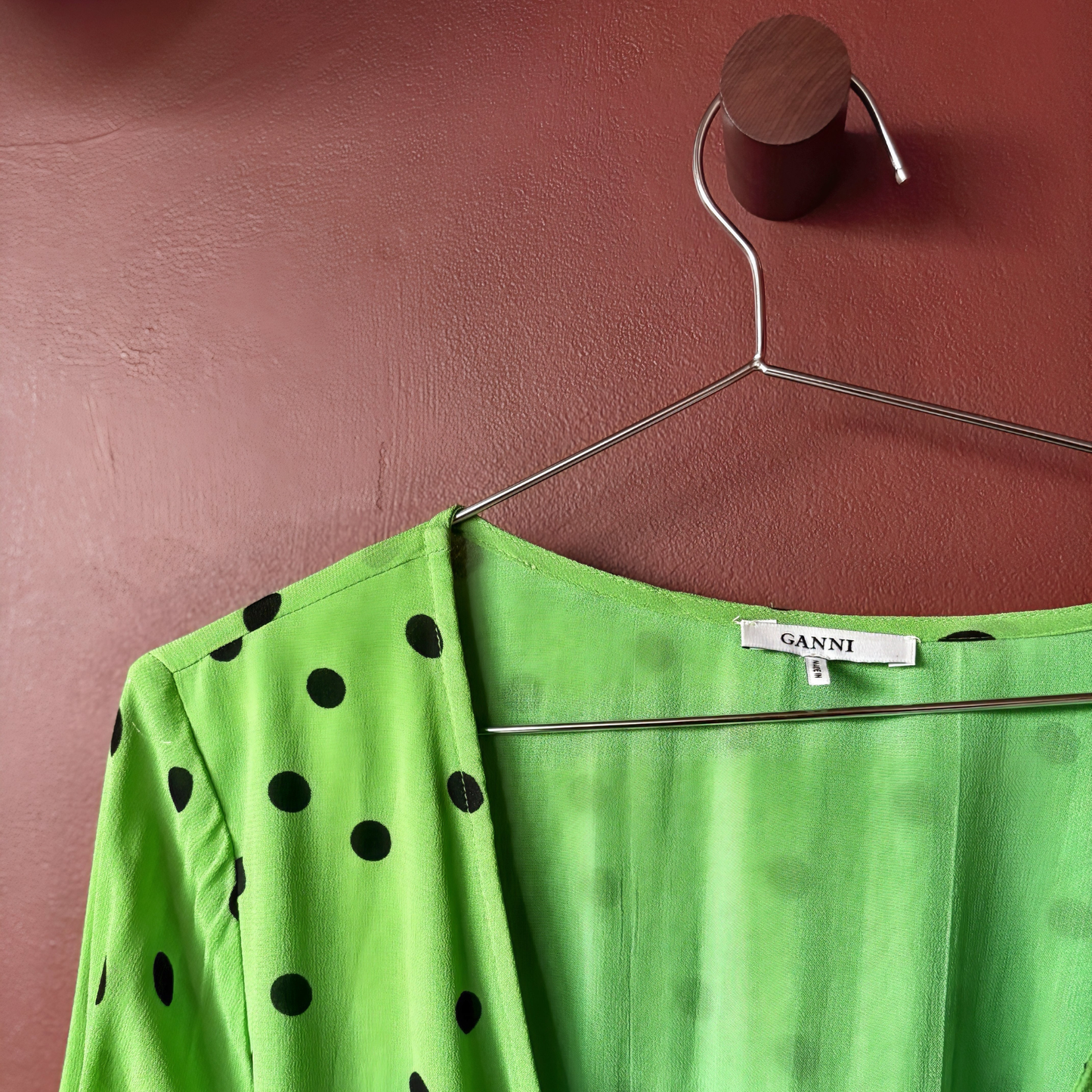 Ganni Green Polka Dot Wrap Blouse