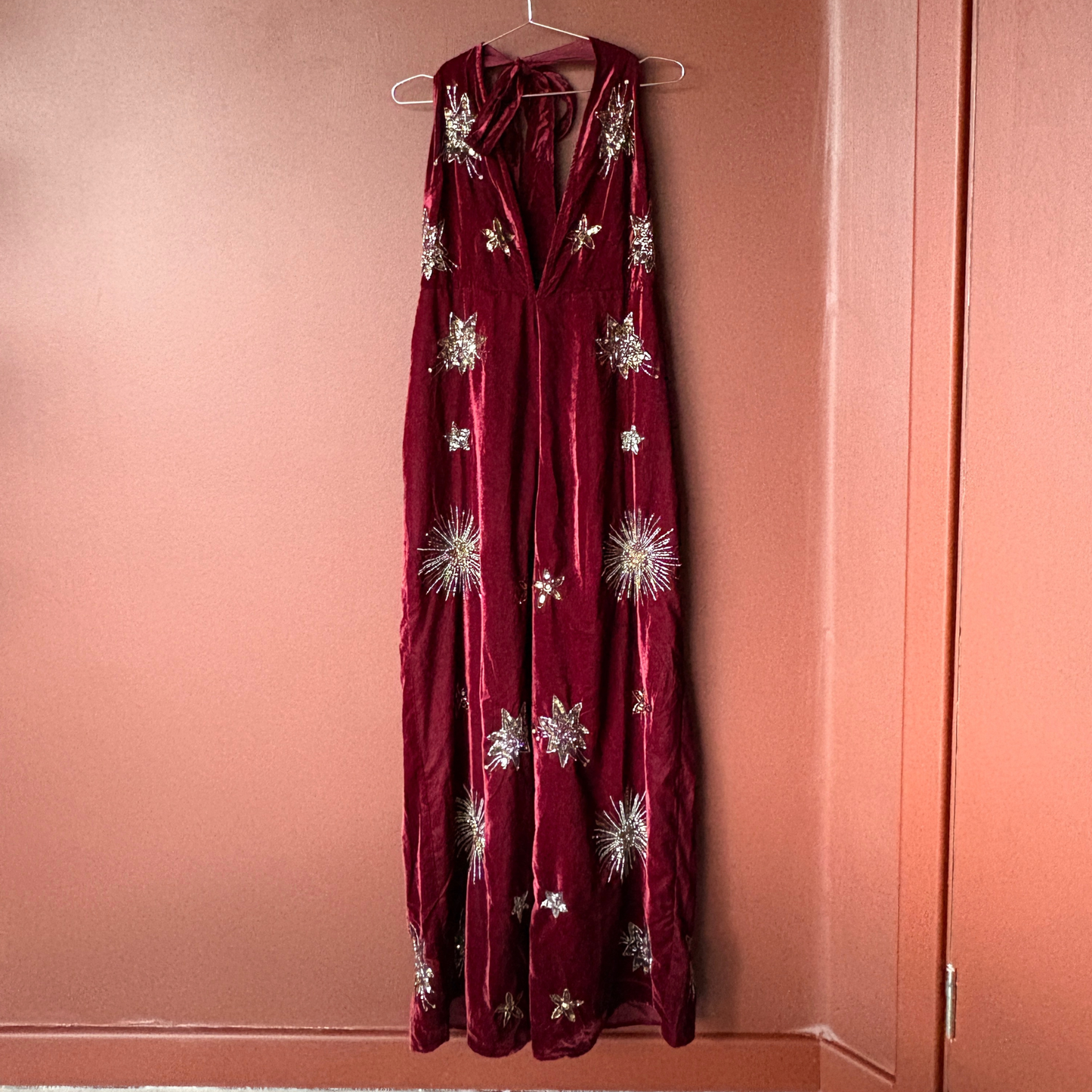 Nasty Gal Burgundy Star Embellished Velvet Halter Jumpsuit