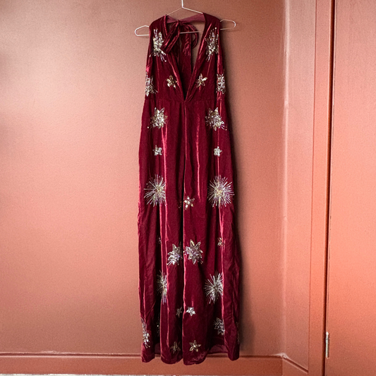 Nasty Gal Burgundy Star Embellished Velvet Halter Jumpsuit