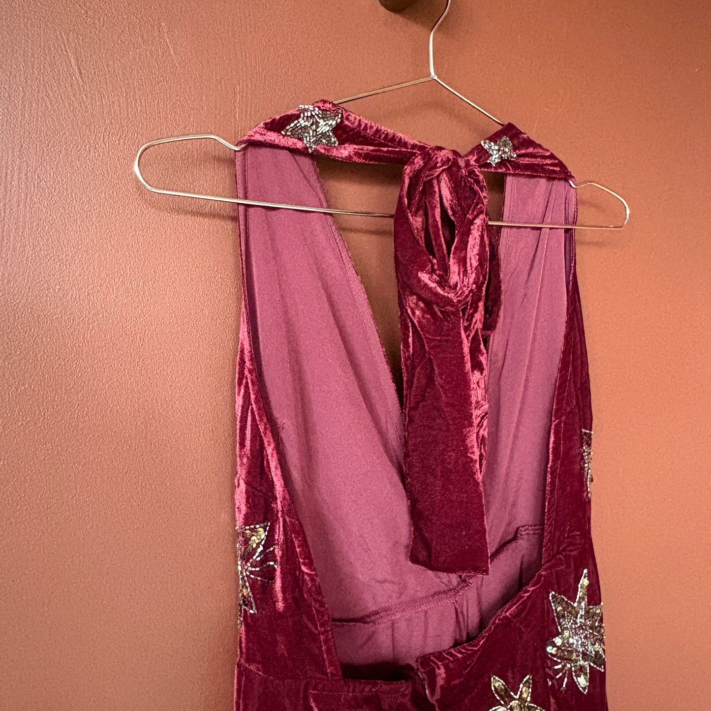 Nasty Gal Burgundy Star Embellished Velvet Halter Jumpsuit