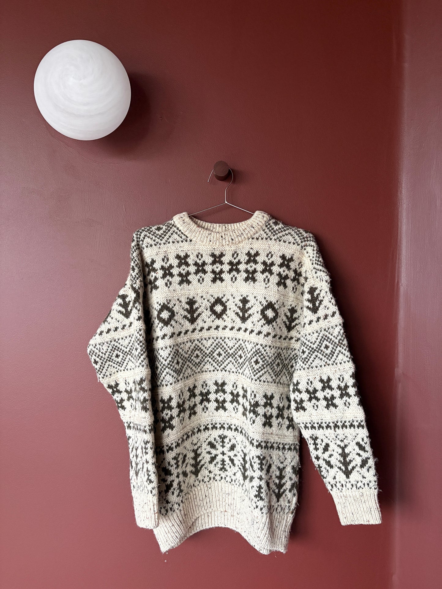 Vintage Cream Olive Folklore Jumper - 100% Wool
