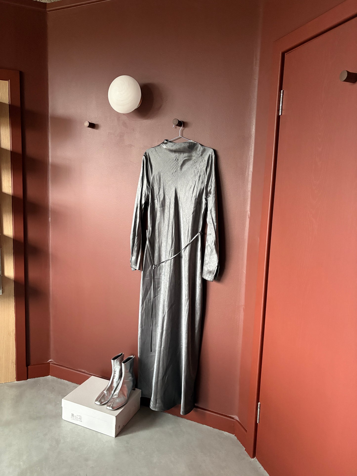 Aligne Silver High-Neck Belted Maxi Dress