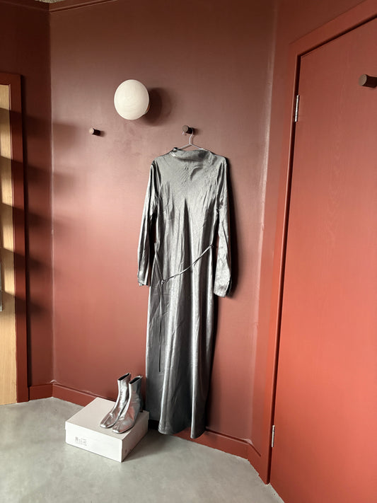 Aligne Silver High-Neck Belted Maxi Dress