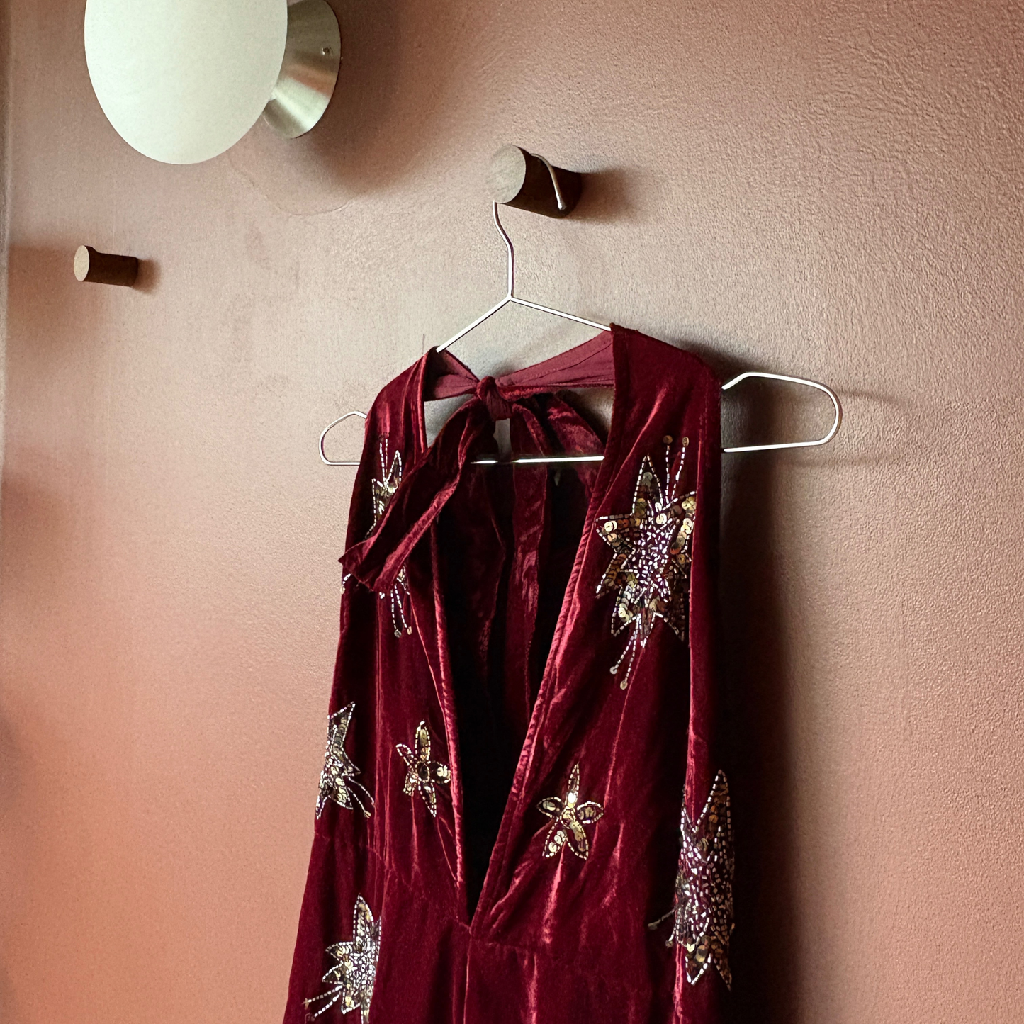 Nasty Gal Burgundy Star Embellished Velvet Halter Jumpsuit