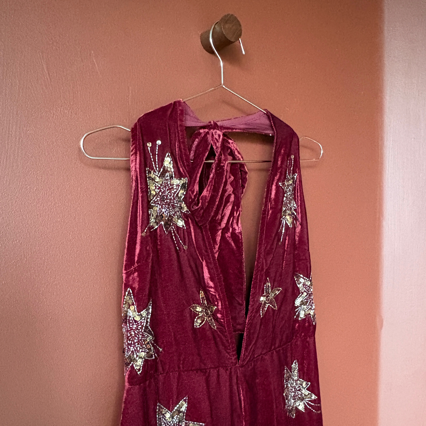 Nasty Gal Burgundy Star Embellished Velvet Halter Jumpsuit