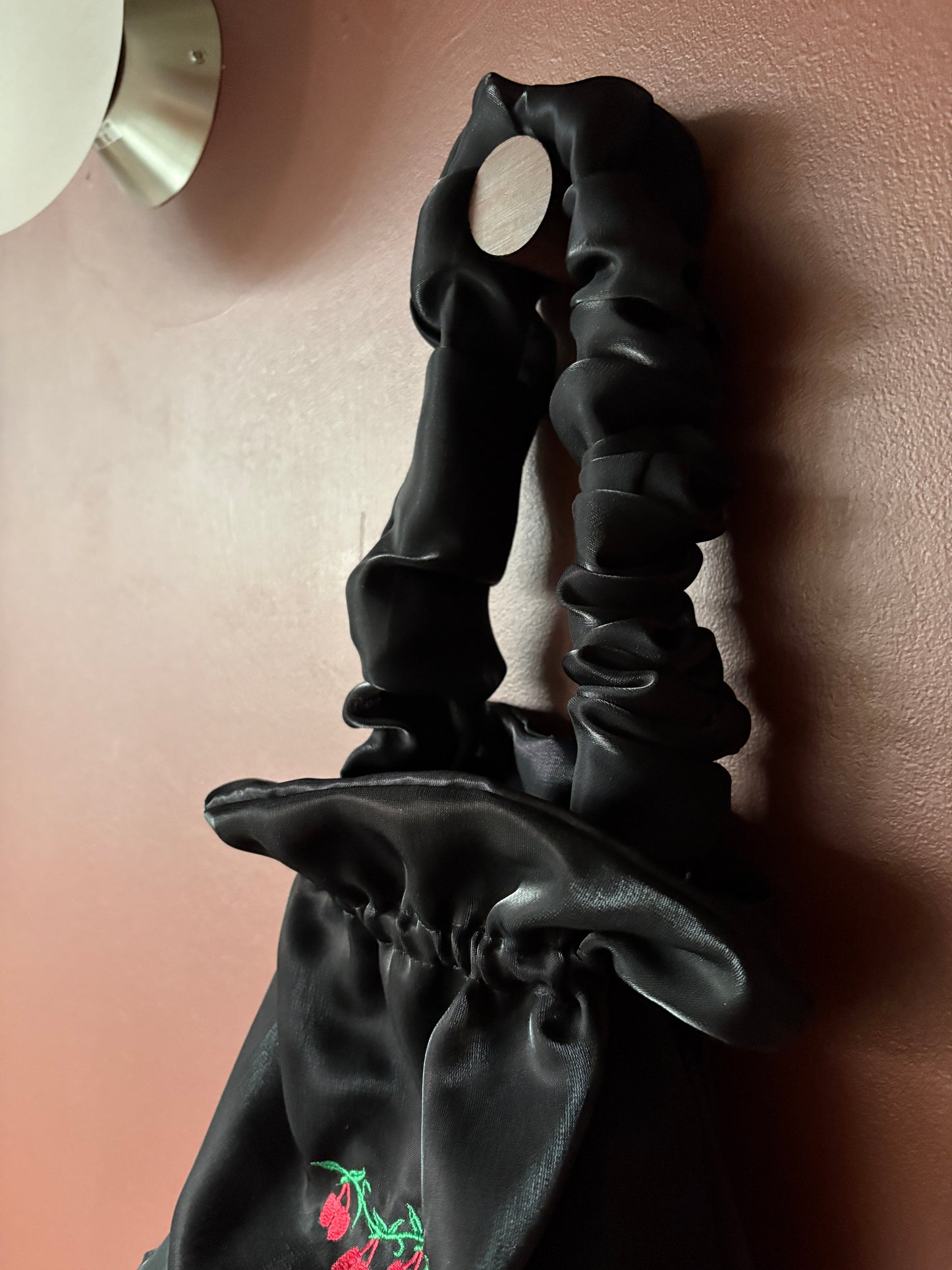 Y2k Vintage Black Embroidered Cherry Silk Wrist Bag