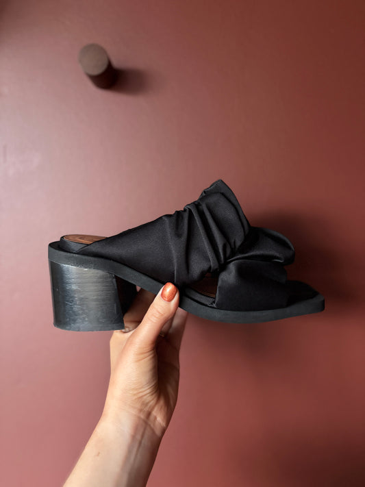 Ganni Black Satin Ruched Mules