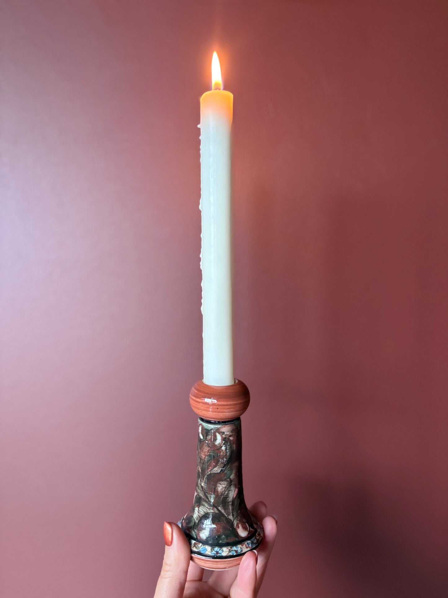 Vintage Hand-Painted Ceramic Candle Sticks - Set of 2