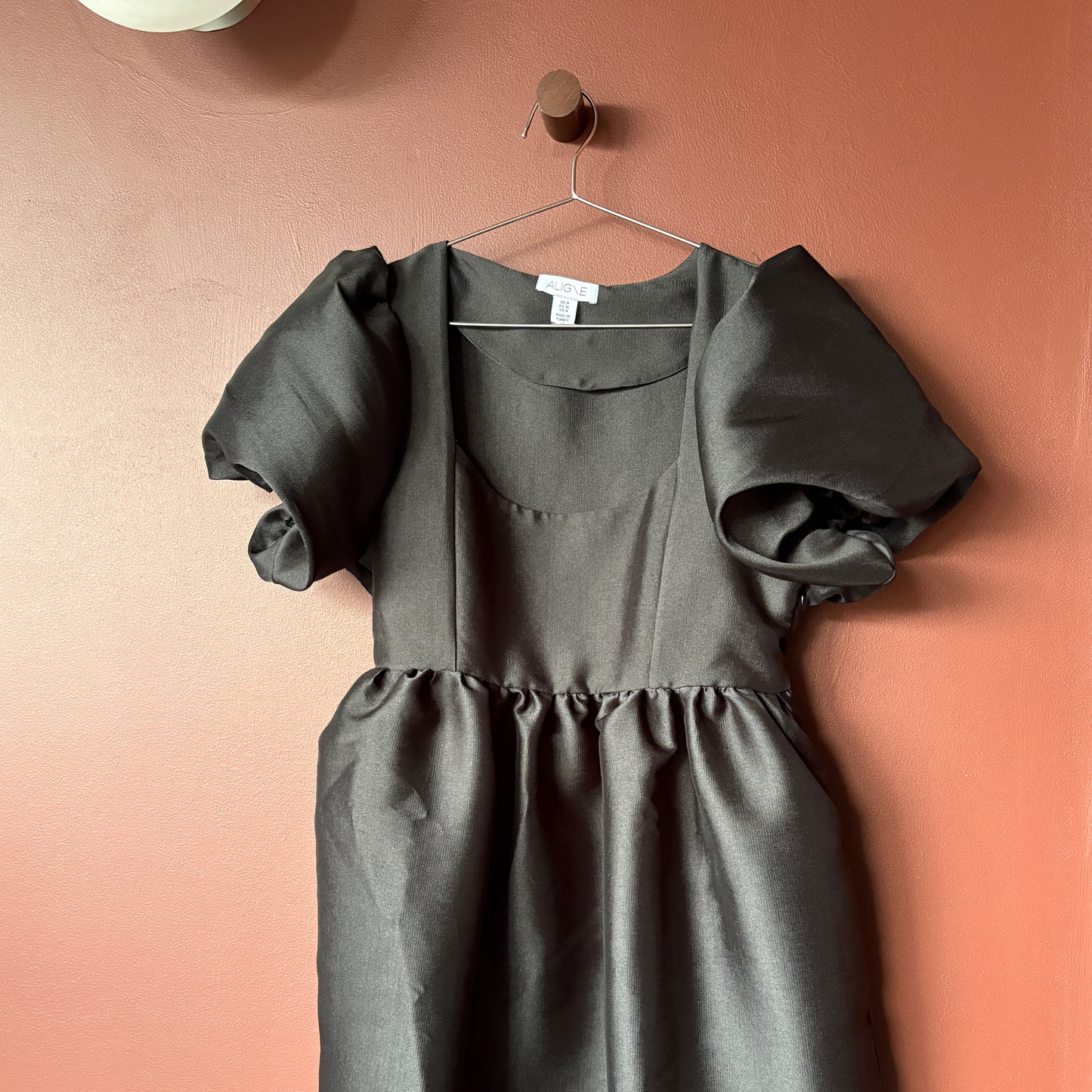 Aligne Black Satin Puff Sleeve Midi Dress