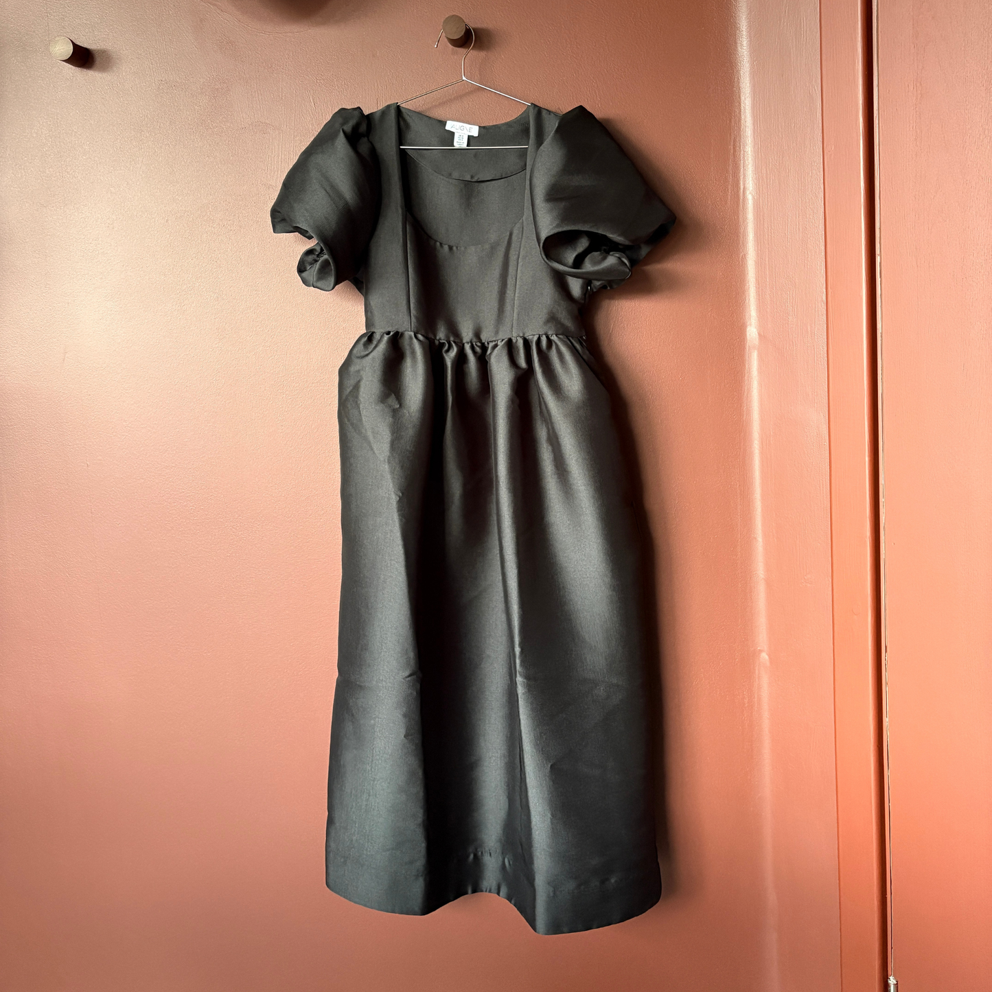 Aligne Black Satin Puff Sleeve Midi Dress