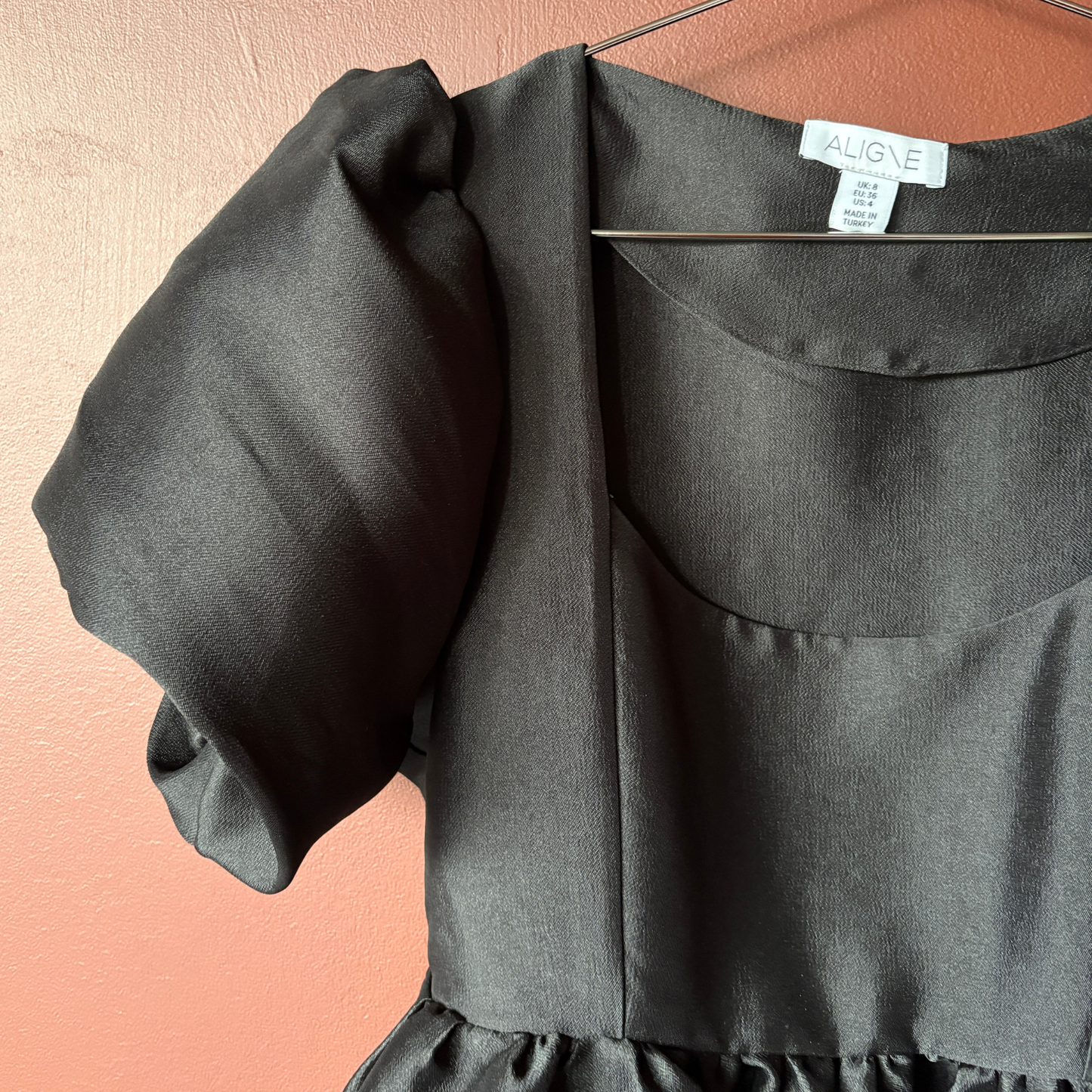 Aligne Black Satin Puff Sleeve Midi Dress