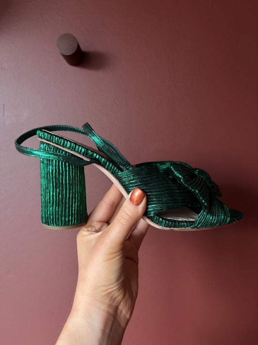 Loeffler Randall Metallic Camellia Bow-Embellished Emerald Sandals