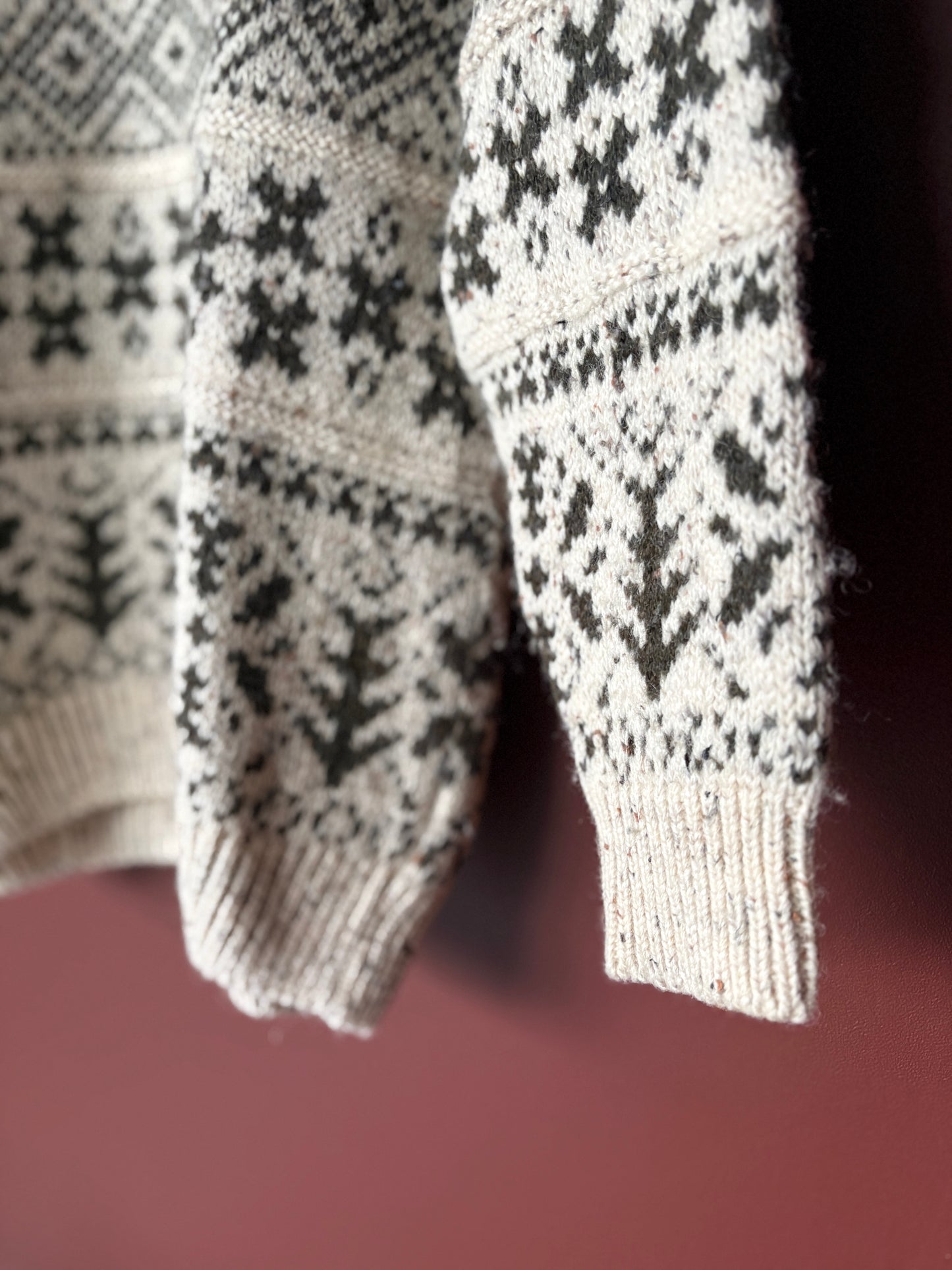 Vintage Cream Olive Folklore Jumper - 100% Wool