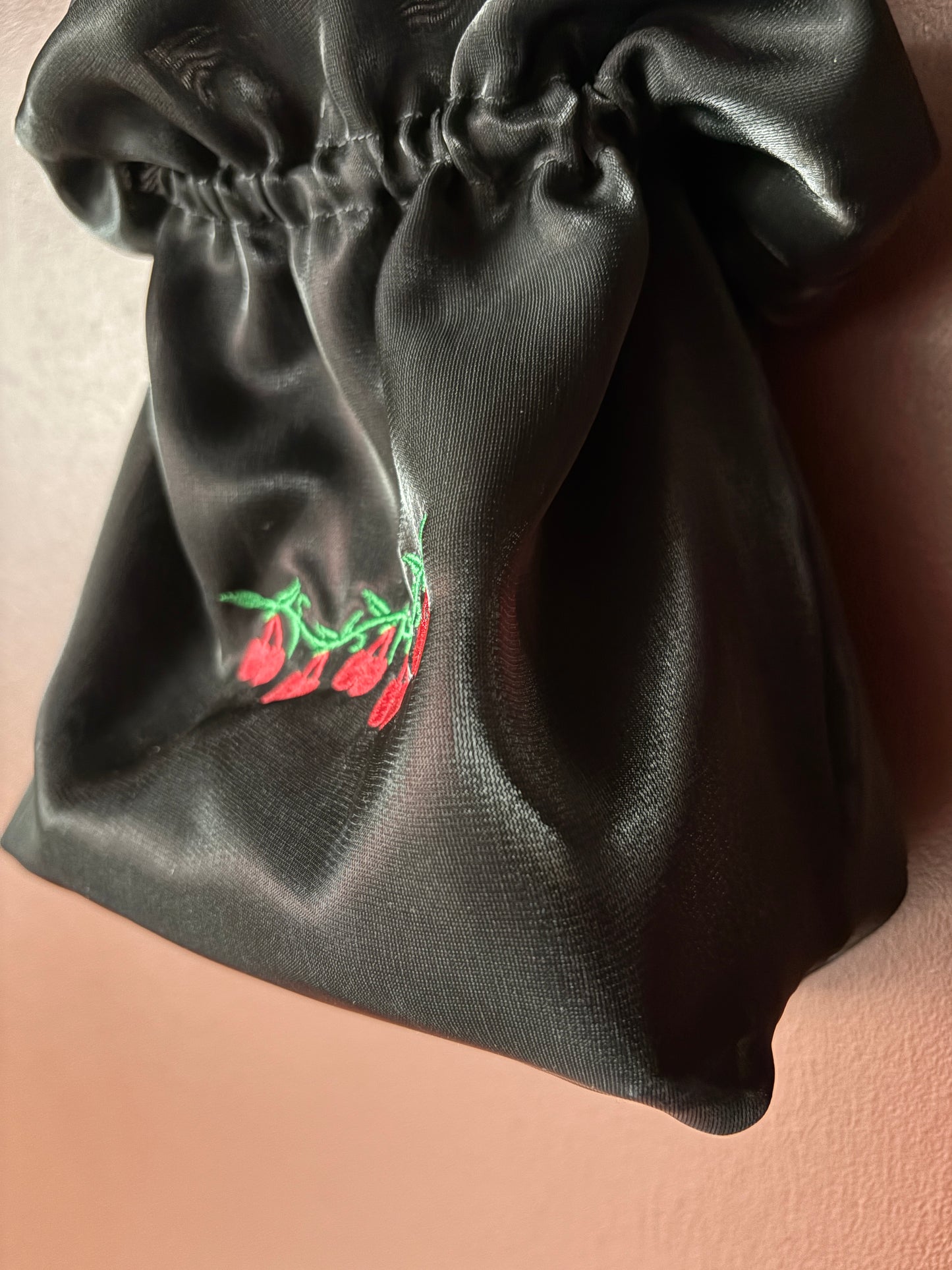 Y2k Vintage Black Embroidered Cherry Silk Wrist Bag