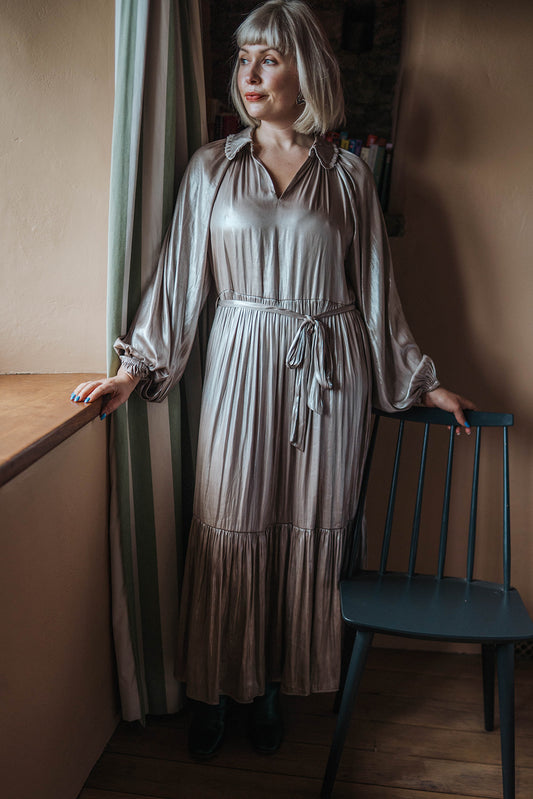 Aligne Silver Gavid Evening Dress worn on model 