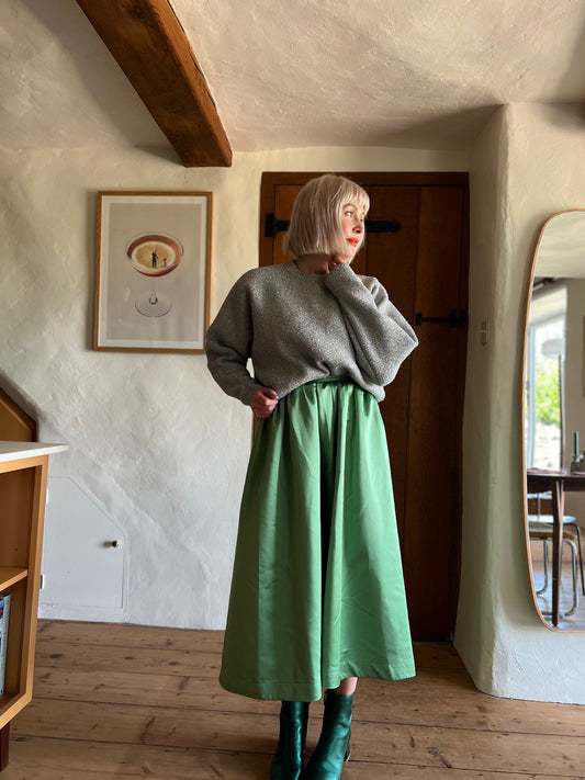 Arket Green Satin Midi Skirt worn on model