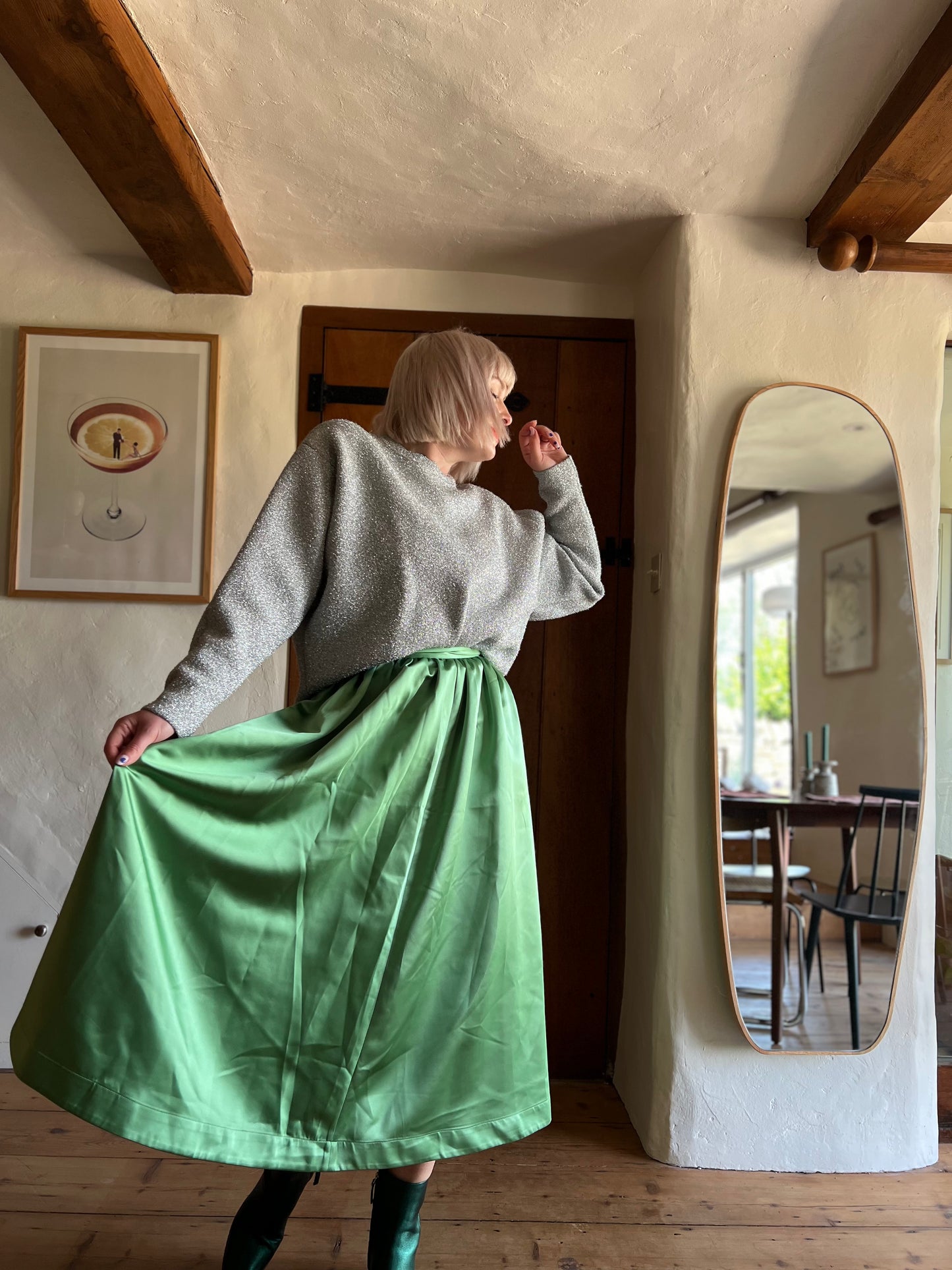 Arket Green Satin Midi Skirt worn on model 