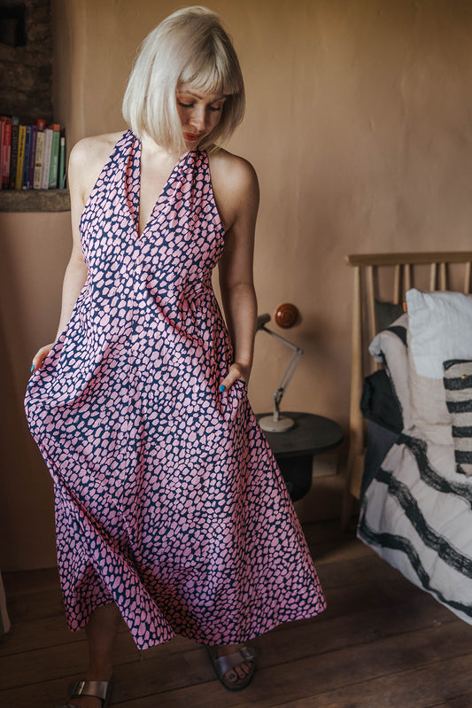 Arket Navy Pink Spot Sleeveless Maxi Dress worn on model 